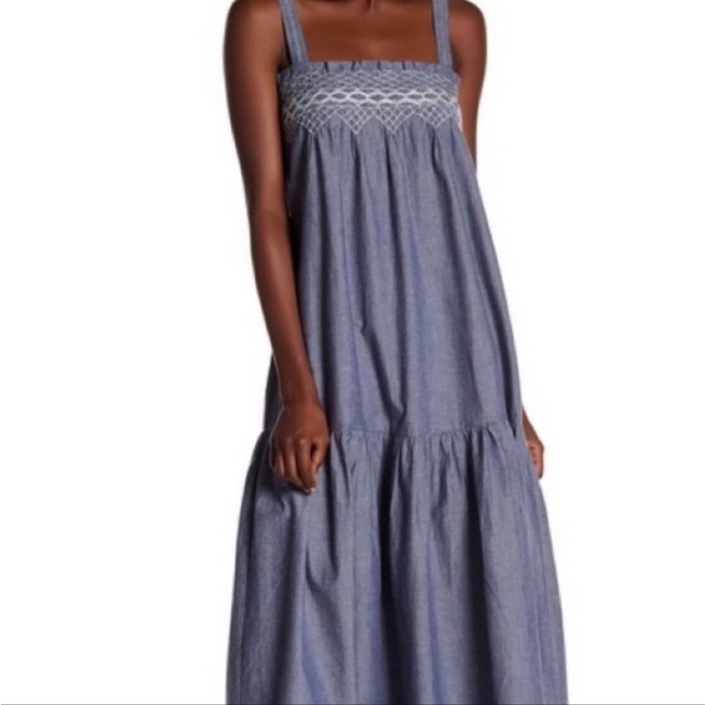 Current Elliot Smocked Chambray Dress Embroidered Ruffle Sleeveless Blue Sz 0